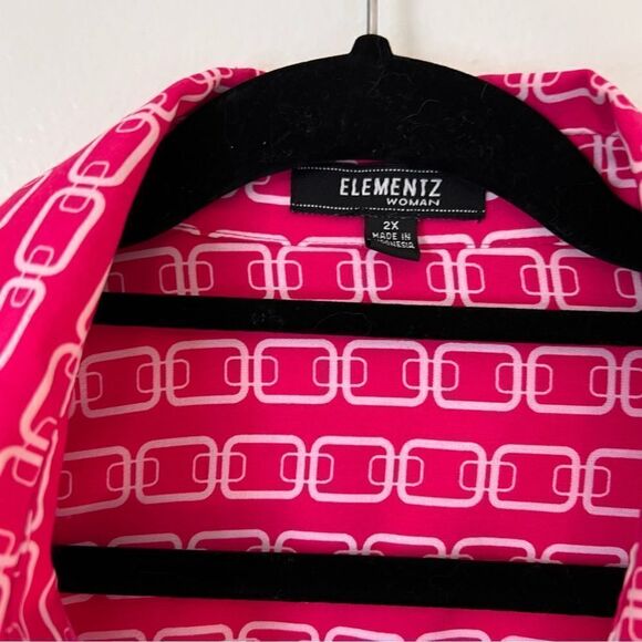 Elementz Blouse Size 2X Pink White Geometric Button Down Long Sleeves Roll-tab - Picture 2 of 6